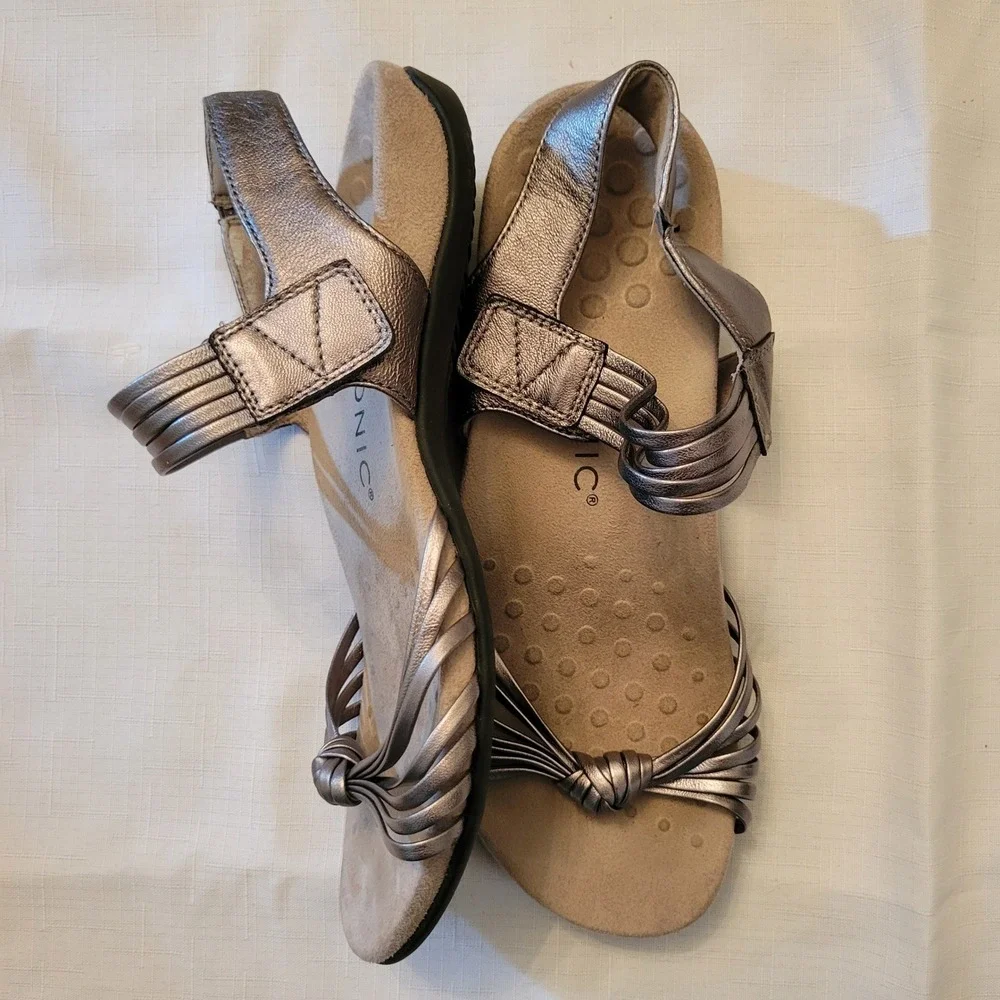 Vionic 9 Sandals Pewter Metallic Strappy Leather Orthotic TALULAH Summer Glam